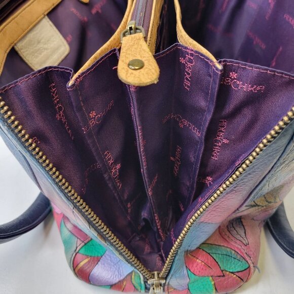 ANUSCHKA  5 Compartments Bag Handpainted Leather Floral Tote Blue Lilies Handbag - Picture 12 of 16